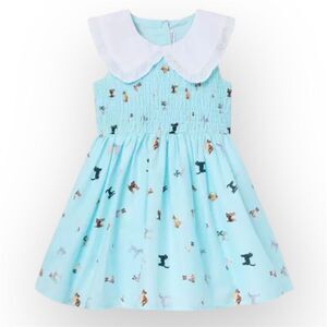 Janie and Jack, The Dog Icon Collared Dress in Breezy Blue Dog Friends, Girl’s 7